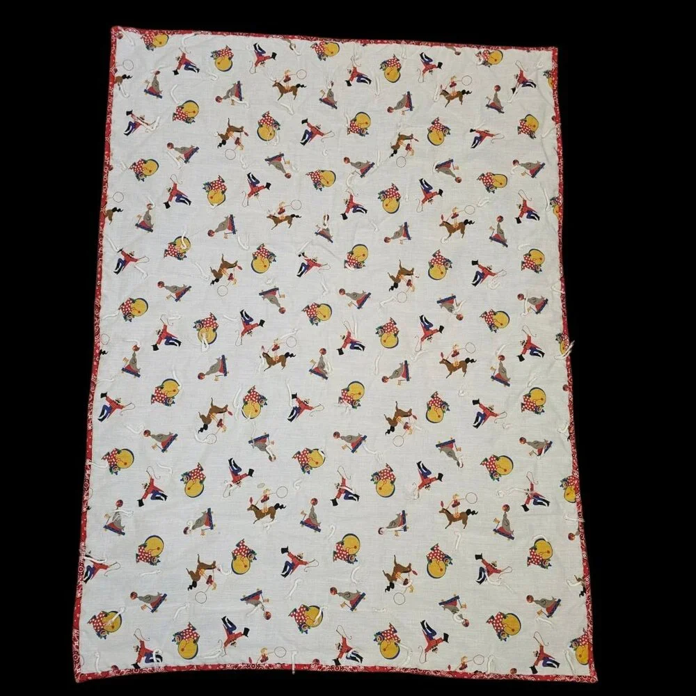 VTG Circus Print Baby Quilt Blanket Tummy Time Clown Unisex White Blue‎ 32x44